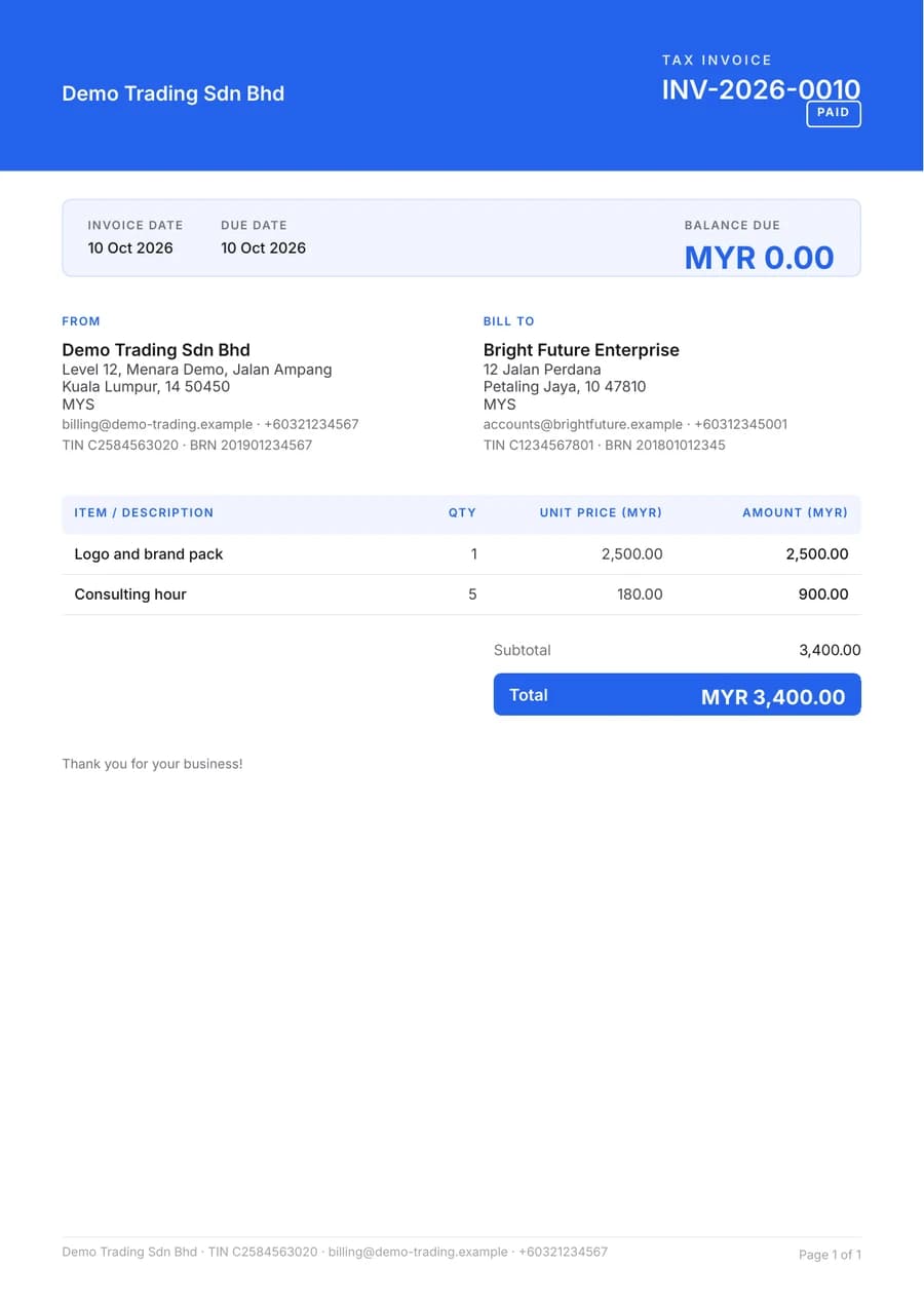 A tax invoice PDF from the AskCukai Invoice demo account, stamped paid with a balance due of zero (demo data).