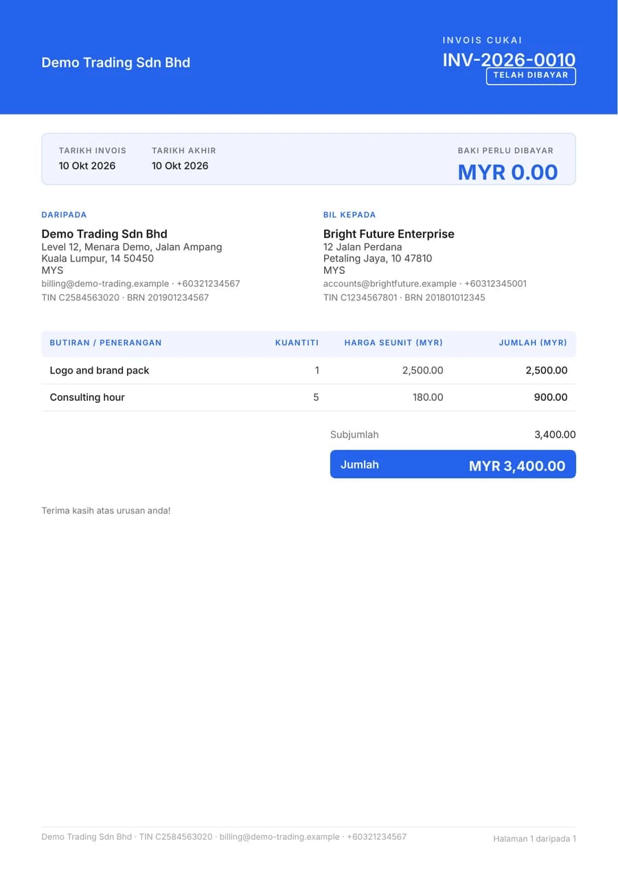 PDF invois cukai daripada akaun demo AskCukai Invoice, dicop dibayar dengan baki perlu dibayar sifar (data demo).