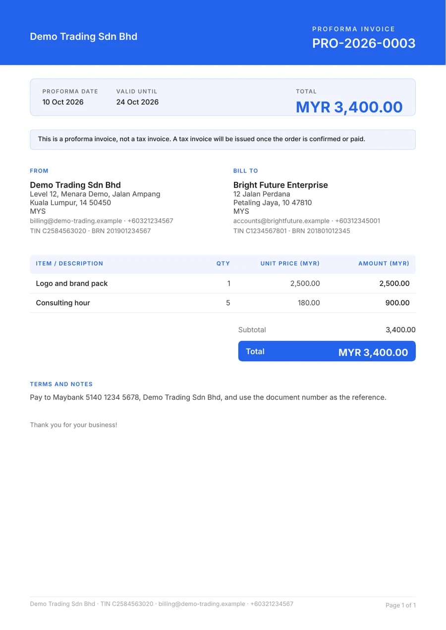 A proforma invoice PDF from the AskCukai Invoice demo account, marked as not a tax invoice (demo data).