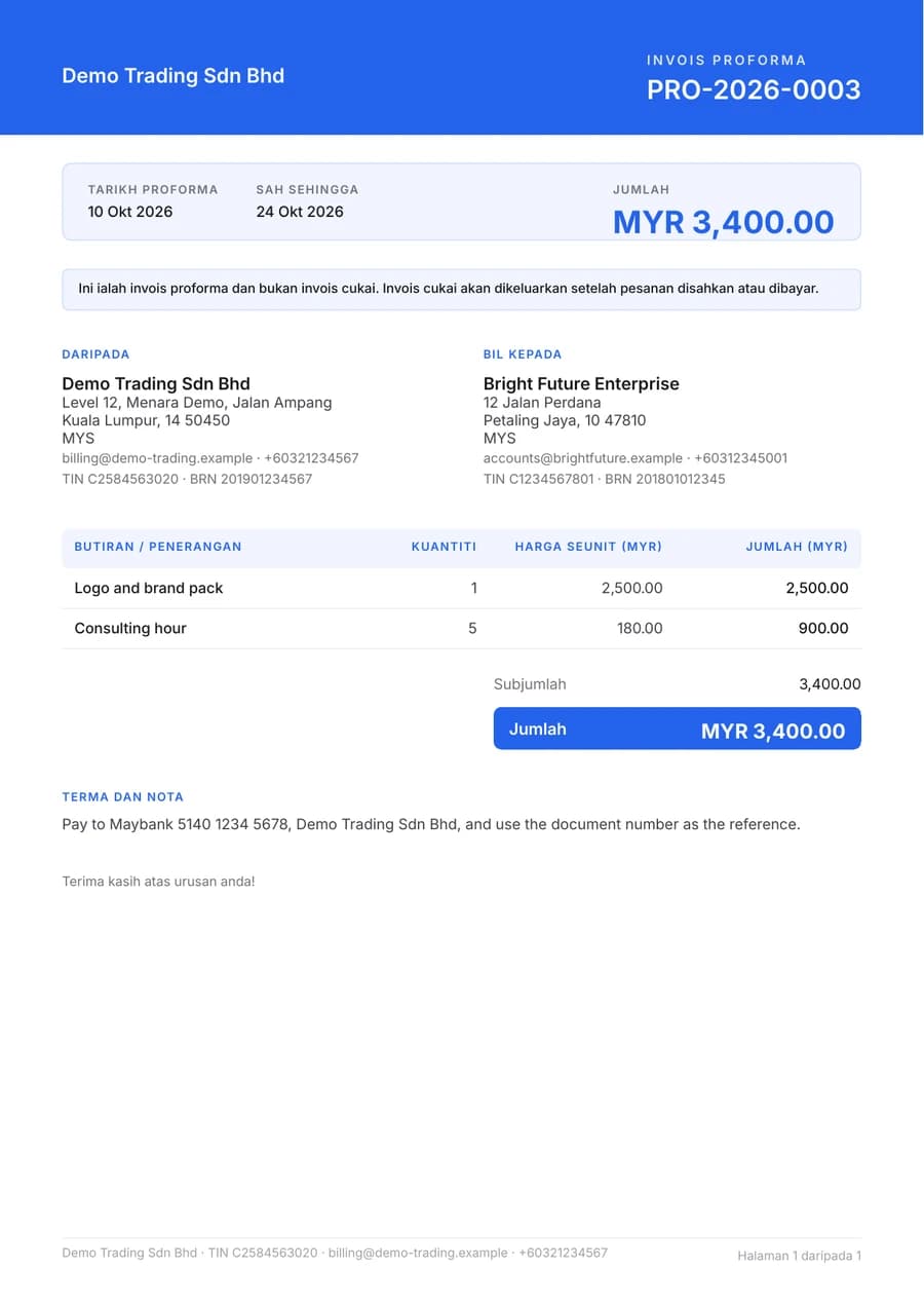 PDF invois proforma daripada akaun demo AskCukai Invoice, ditandakan sebagai bukan invois cukai (data demo).