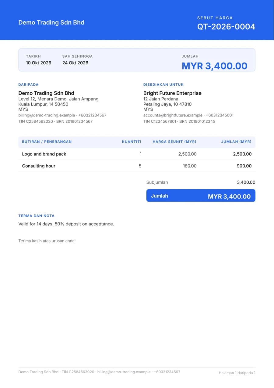 PDF sebut harga daripada akaun demo AskCukai Invoice, dengan penghantar, pelanggan, butiran item dan jumlah (data demo).